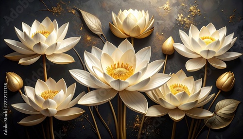 Elegant white lotus flowers and shimmering gold buds arranged with dark artistic texture for wellness and luxury decor concepts