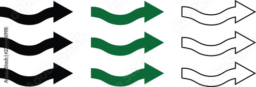 Wavy Arrow Icon Set, Curved Flowing Direction Symbols in Black, Green and Outline Styles