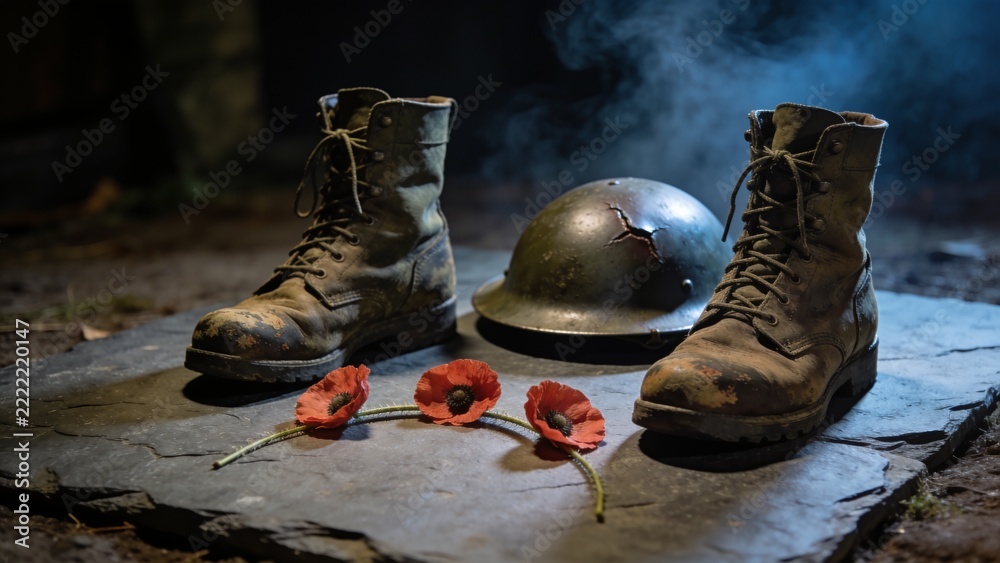 Naklejka premium Displaying worn combat boots and dented steel helmet resting on flat stone slab with three poppies
