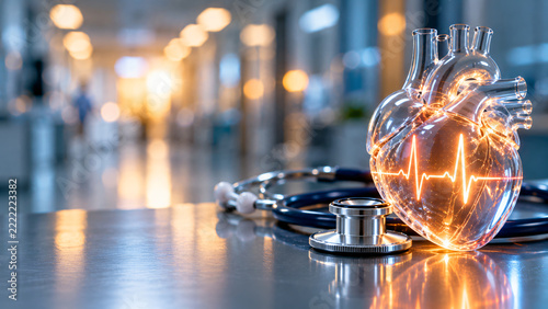 Conceptual medical still life featuring a luminous anatomical heart with an electrocardiogram waveform and stethoscope on a reflective clinical surface, representing cardiology 