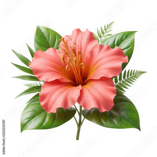Beautiful red hibiscus flower with green leaves isolated isolated on transparent background, illustration