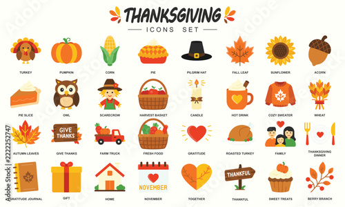 Collection of festive thanksgiving holiday icons depicting autumn celebration elements
