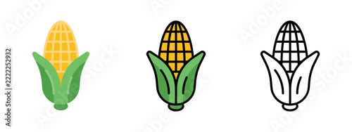 Three variations of fresh corn on the cob illustration featuring color gradient