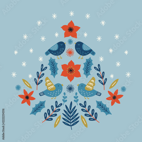 Christmas greeting card with flowers, birds, leaves, branches and snowflakes on light blue background. Round ornament. Perfect for winter holidays and decorations. Vector hand drawn illustration