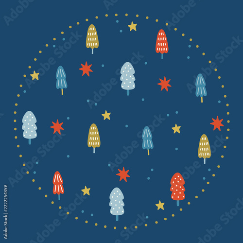 Christmas greeting card with cute fir trees and stars on blue background. Round ornament. Perfect for winter holidays and decorations. Vector hand drawn illustration