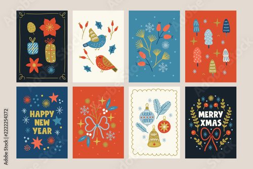 Christmas greeting cards with birds, flowers, fir trees, cones, gifts, stars, snowflakes, bell, branches in Red, Gold, Blue and White. Perfect for holiday decoration. Vector hand drawn illustration