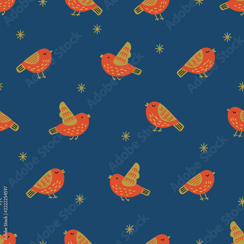 Christmas seamless pattern with birds and snowflakes in Blue, Red and Gold. Perfect for wallpaper, gift paper, fabric, winter greeting cards. Vector illustration