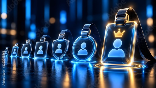 Glowing digital badges with user icons representing tiered membership, exclusive access, and premium VIP status, culminating in an elite identity.