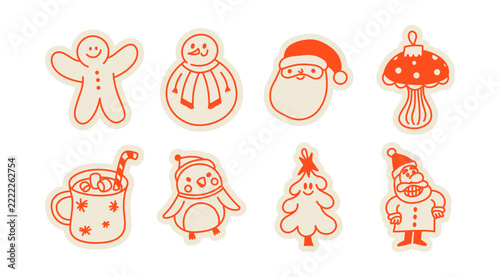 Cute Christmas doodle stickers featuring Santa, gingerbread man, snowman, penguin, Christmas tree, ornament and festive mug in bright red line art.