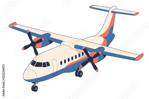Twin-engine turboprop passenger airplane viewed from a three-quarter angle with landing gear extended and blue and coral accents in a flat cartoon style