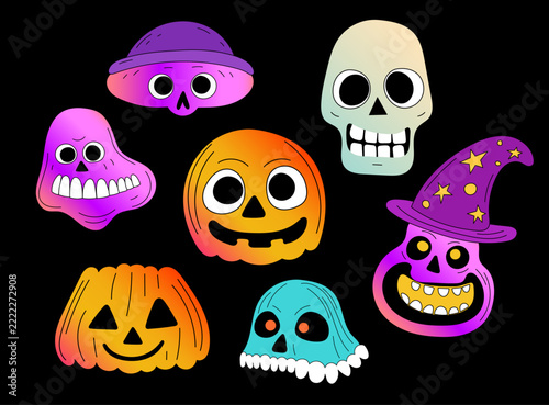 Halloween Pumpkin Character Icon Collection. Neon Gradient Greeting Party Symbol. Fun Positive Cartoon Holiday Decoration Mascot. Retro 90s, y2k Style Graphic Design. Cute Vibrant Festive Pumpkin Art