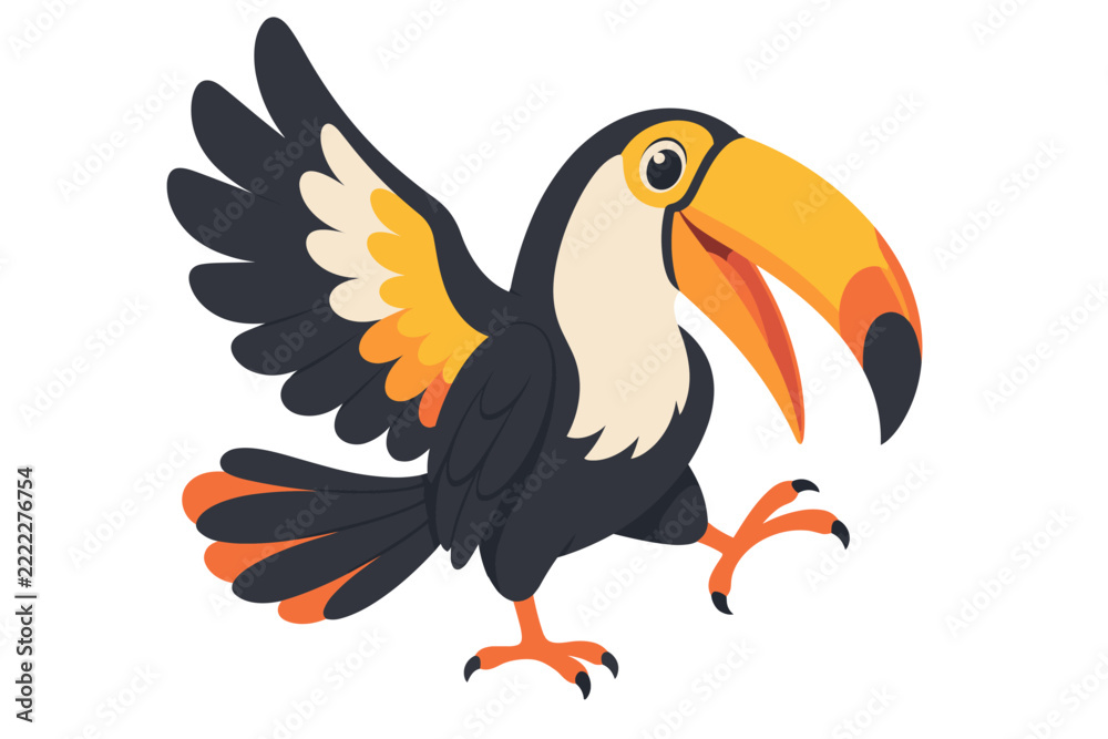 Fototapeta premium Cartoon toucan raising one foot and fanning a wing with an oversized curved yellow-orange beak pale throat and layered dark feathers on a transparent background