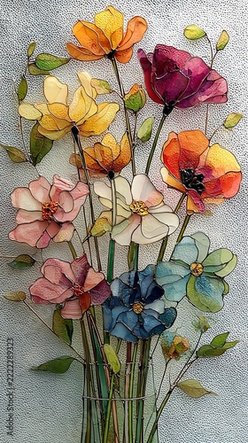 Beautiful stained glass mosaic bouquet of colorful flowers in a vase, spring botanical art and elegant floral arrangement vector illustration