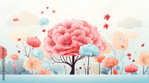 Beautiful fantasy landscape with a large pink floral tree and colorful spring flowers, dreamlike garden vector illustration transparent background