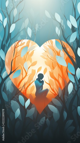 A silhouette of a person sitting inside a glowing heart shape surrounded by magical forest leaves, inner peace and emotional healing concept