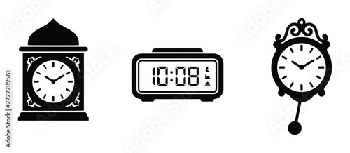 Clock silhouettes set with analog and digital timepieces for timekeeping
