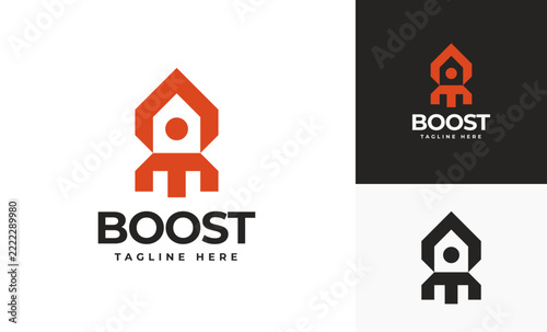 House rocket with initial letter geometric M logo designs template, Simple cool buildings technology idea designs concept