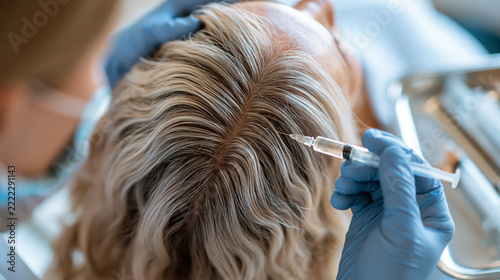 Top view of a european dermatologist performing a hair restoration treatment with injections for a female patient in a clinic parted grey blonde hair at the widening central parting