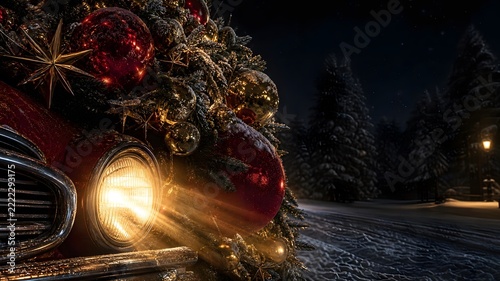 Bright vintage car headlight glowing through festive fir wreath
