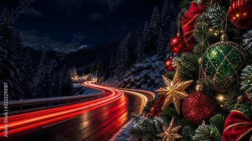 Long exposure red car trails curving past snowy Christmas tree