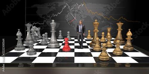 Goldener und silberner Schachkönig mit roten Bauer, mit Diagramm für finanzielles Wachstum durch Führung eines Managers. Konzept der Finanzstrategie zu Investitionen und Risiko