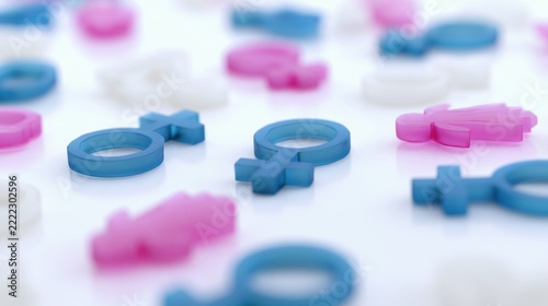 Colorful gender symbols and shapes scattered on a flat surface
