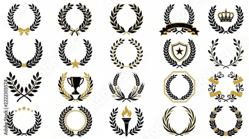 Gold and black laurel wreaths set with heraldic icons for award design elements.
