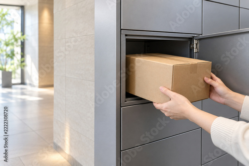 Japanese hands collecting parcel from apartment delivery locker