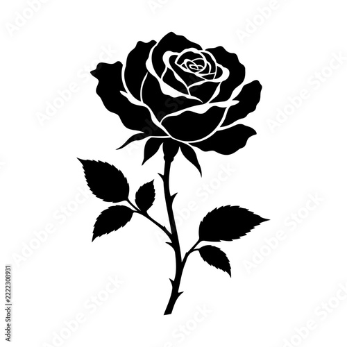 Rose Flower Botanical Silhouette with Stem and Leaves Black Vector Illustration