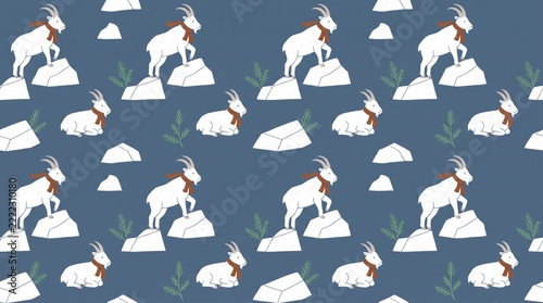 Scarf Wearing Mountain Goats Seamless Pattern