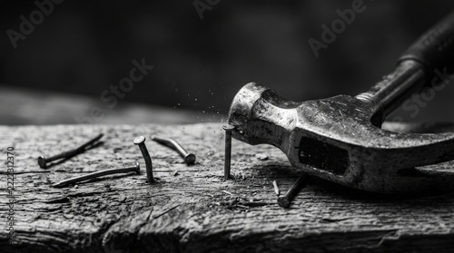Monochrome close up of a hammer hitting a metal nail into wood with copy space