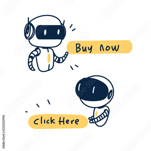 cute robot characters holding call to action buttons like buy now, click here, pay, and shop. Line art vector graphics with cursor arrows and UI elements