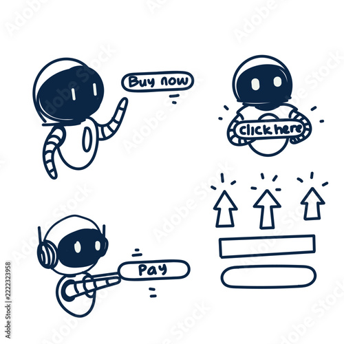 cute robot characters holding call to action buttons like buy now, click here, pay, and shop. Line art vector graphics with cursor arrows and UI elements