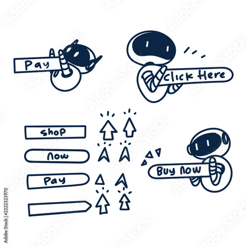 cute robot characters holding call to action buttons like buy now, click here, pay, and shop. Line art vector graphics with cursor arrows and UI elements
