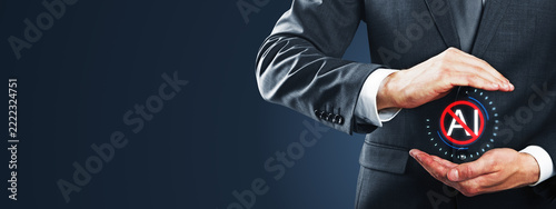 Businessman blocking AI technology symbol with stop gesture, dark corporate copy space for protest, forbidden innovation, marketing banner design.
