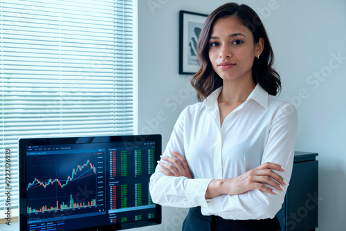 Portrait of young adult Asian businesswoman standing with arms crossed beside trading monitor, presenting financial analysis and investment expertise. For fintech marketing or wealth management