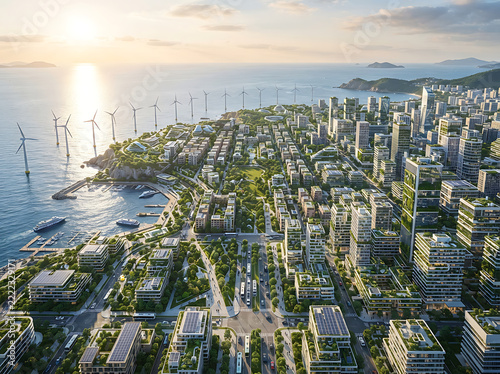 Aerial view of a green eco-city by the sea with modern sustainable architecture