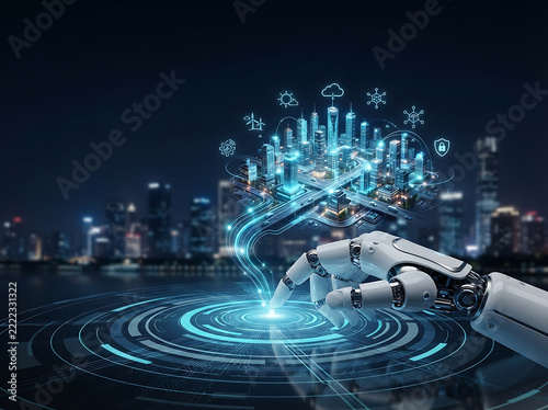 Futuristic Robotic Hand Interacting with Smart City Digital Infrastructure