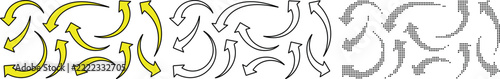 Set of curved arrows in yellow flat style outline and halftone dot