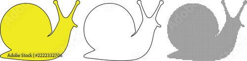 Set of three snail icons in yellow flat outline and halftone styles