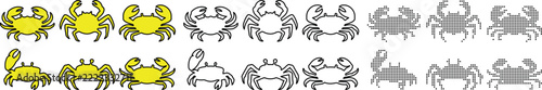 Set of crab icons in yellow flat color outline and halftone dot