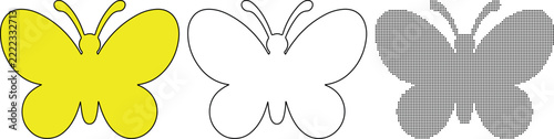 Set of three butterfly icons in flat yellow outline and halftone dot