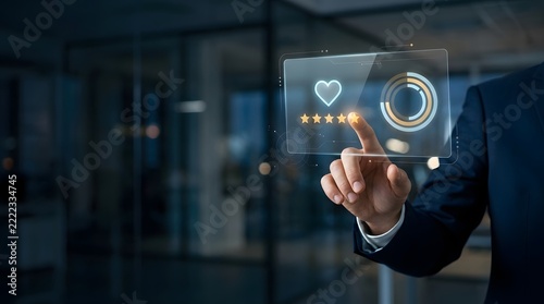 Business person interacting with a digital holographic interface showing customer feedback and star rating system