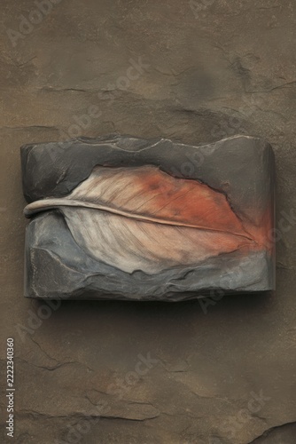 Textured Stone Relief Sculpture of a Single Autumn Leaf with Orange and Red Hues rock