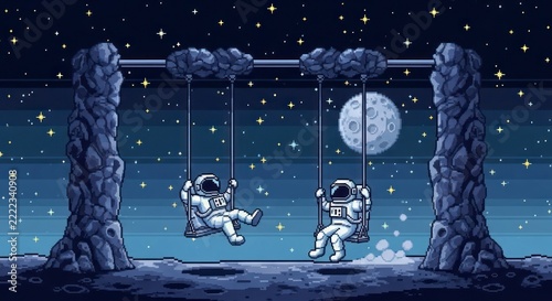 Cosmic Childhood - Pixel Art Astronauts Swinging Playfully by a Luminous Moon.