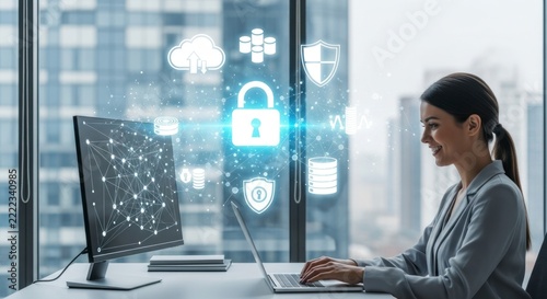 Confident IT Specialist Managing Secure Cloud Network with Glowing Padlock Interface