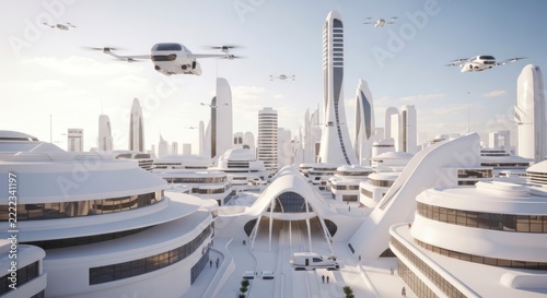 Sleek Futuristic Metropolis with Autonomous Flying Vehicles Soaring Above Gleaming White Towers.