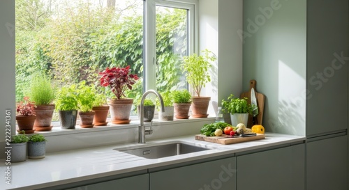 Sunlit Kitchen Windowsill Lined with Lush Potted Plants Overlooking a Green Garden.