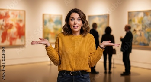 A Puzzled Woman in a Yellow Sweater Shrugs at a Modern Art Exhibition.