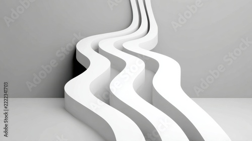Three parallel wavy white abstract forms emerging from a grey wall and floor in a minimalist setting